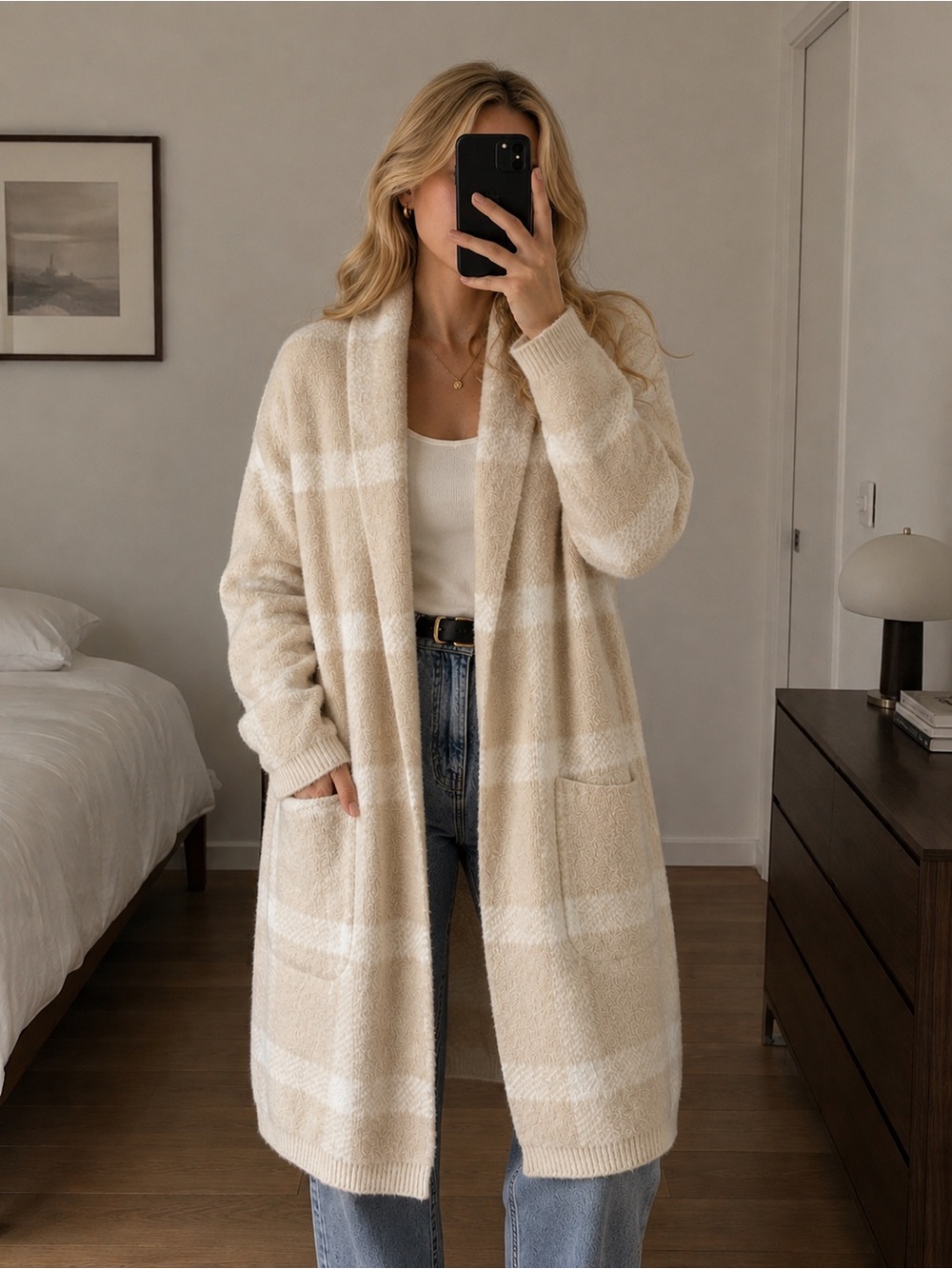 Joe’s Jeans Cozy Cream Striped Open-Front Long Cardigan Sweater